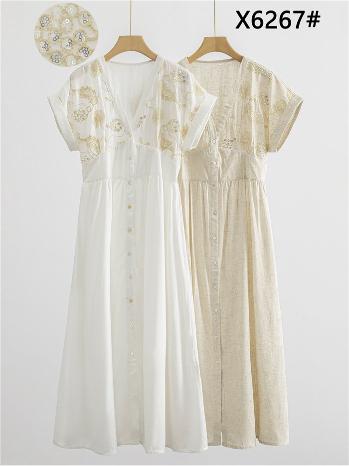 Vestido camisero de lino con bordado floral y lentejuelas