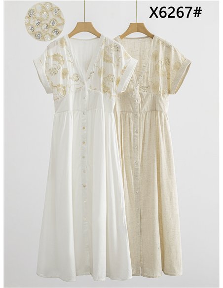 Vestido camisero de lino con bordado floral y lentejuelas