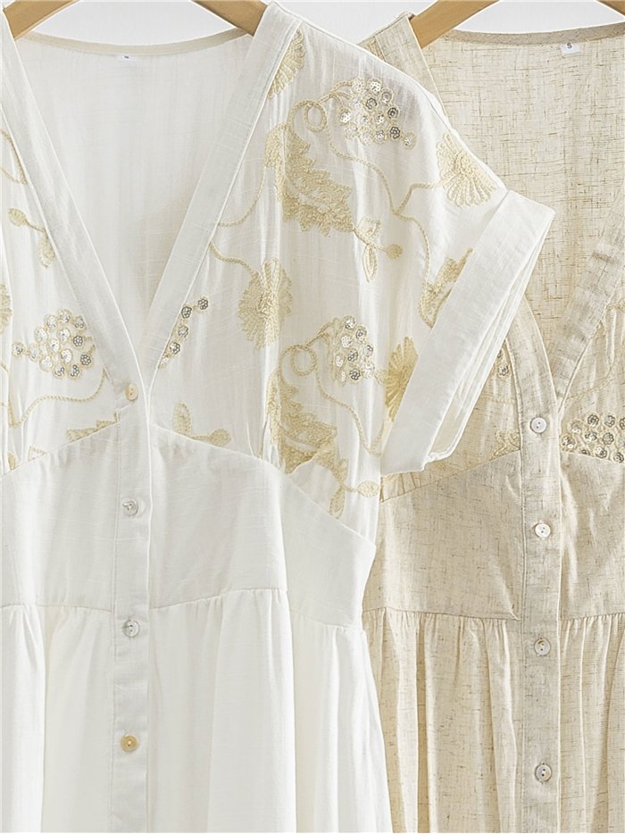 Vestido camisero de lino con bordado floral y lentejuelas