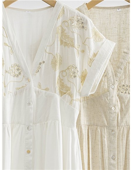 Vestido camisero de lino con bordado floral y lentejuelas
