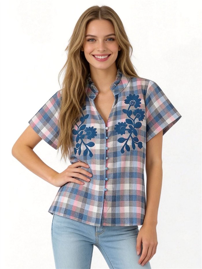 Blusa cuadros con bordado floral