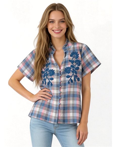Blusa cuadros con bordado floral