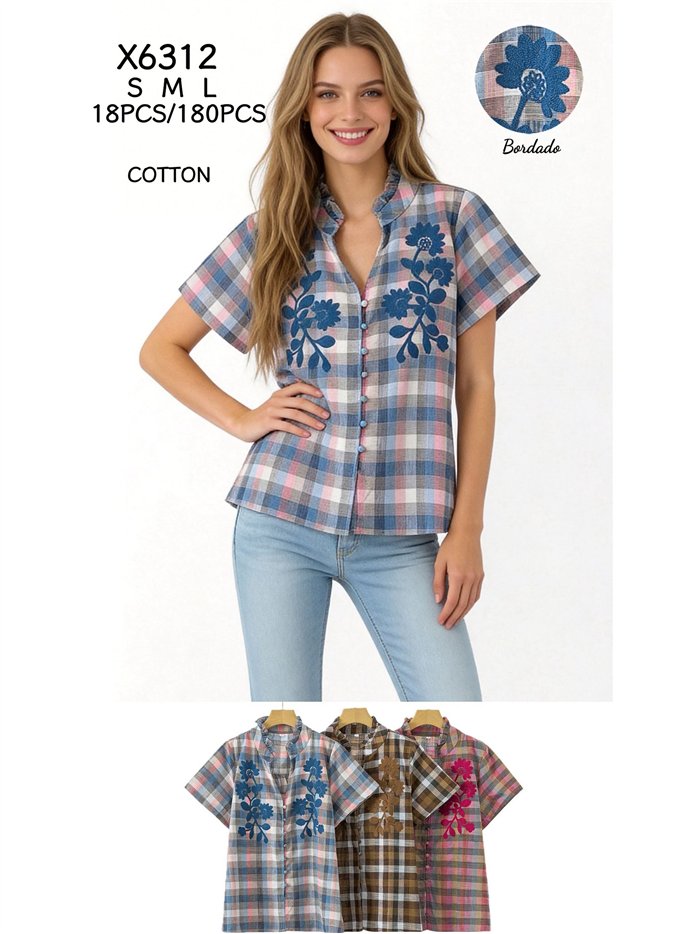 Blusa cuadros con bordado floral