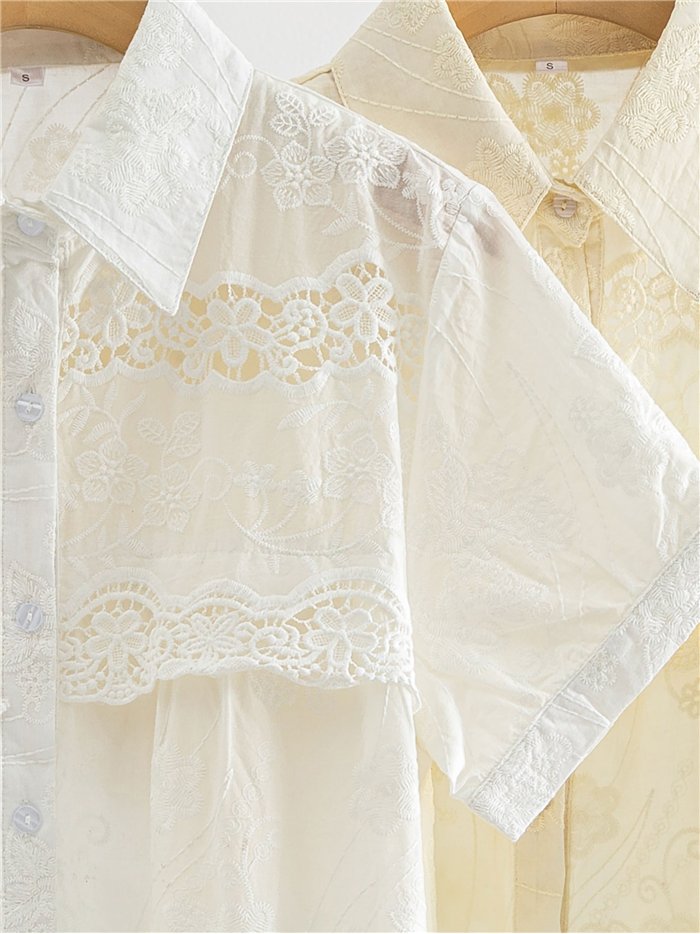 Camisa bordada con canesú de encaje