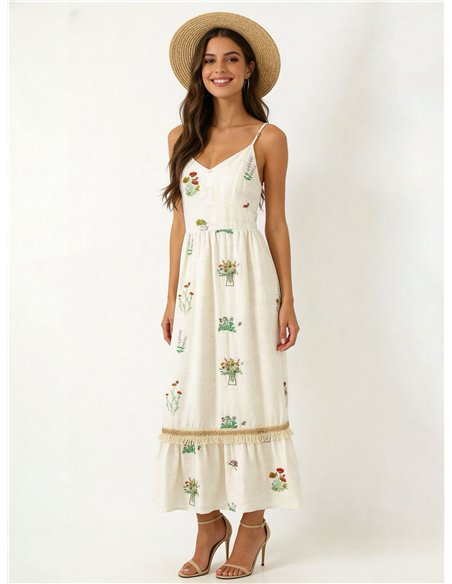 Vestido midi de tirantes con bordado floral y flecos