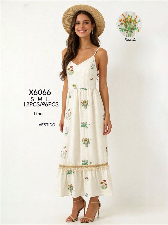 Vestido midi de tirantes con bordado floral y flecos