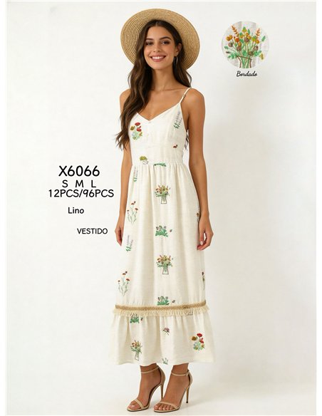 Vestido midi de tirantes con bordado floral y flecos