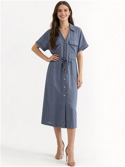Vestido camisero midi efecto lino con bolsillos y cordón