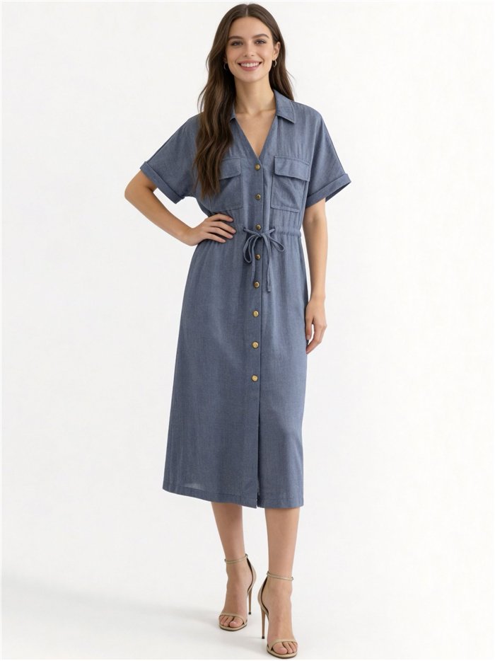 Vestido camisero midi efecto lino con bolsillos y cordón