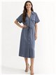 Vestido camisero midi efecto lino con bolsillos y cordón