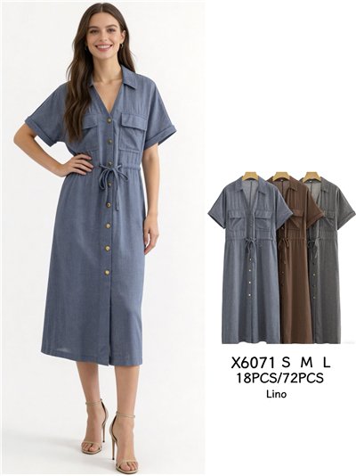 Vestido camisero midi efecto lino con bolsillos y cordón 2