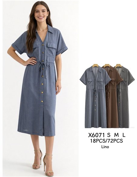 Vestido camisero midi efecto lino con bolsillos y cordón