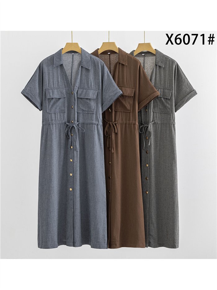 Vestido camisero midi efecto lino con bolsillos y cordón