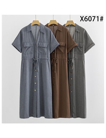 Vestido camisero midi efecto lino con bolsillos y cordón