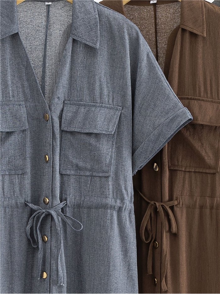 Vestido camisero midi efecto lino con bolsillos y cordón