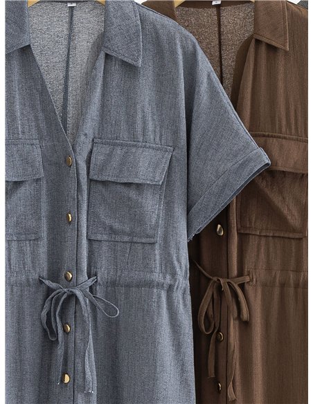 Vestido camisero midi efecto lino con bolsillos y cordón