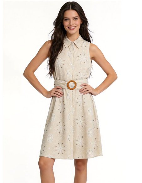 Robe courte sans manches avec ceinture et broderie ajourée