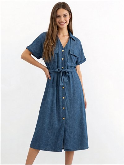 Vestido camisero midi efecto denim con cinturón y bolsillos