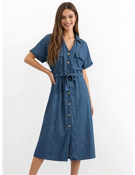 Vestido camisero midi efecto denim con cinturón y bolsillos