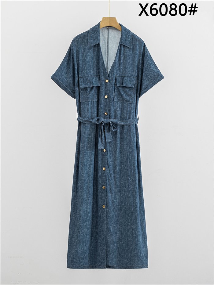 Vestido camisero midi efecto denim con cinturón y bolsillos