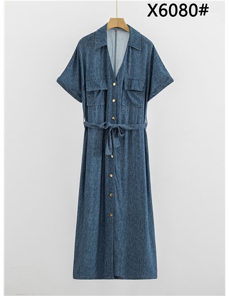 Vestido camisero midi efecto denim con cinturón y bolsillos