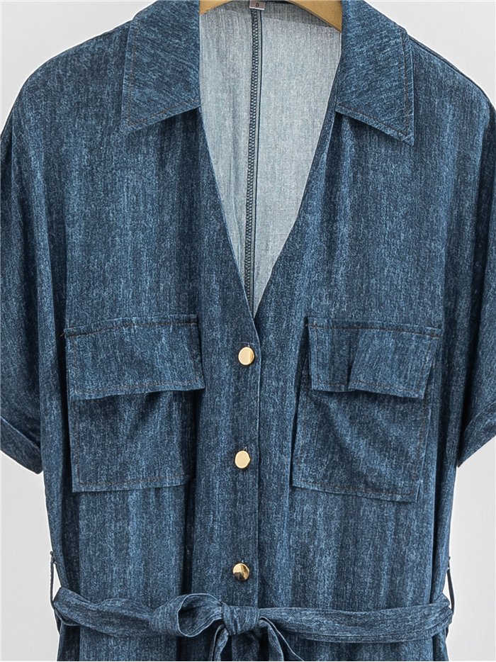 Vestido camisero midi efecto denim con cinturón y bolsillos