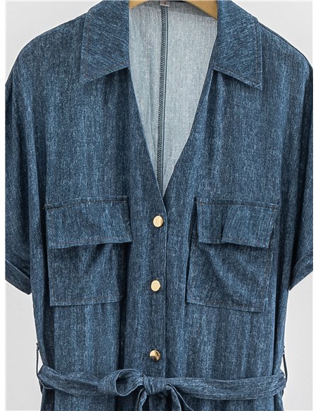 Vestido camisero midi efecto denim con cinturón y bolsillos