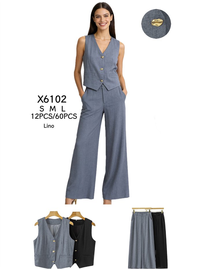 Conjunto de chaleco efecto lino y pantalón palazzo