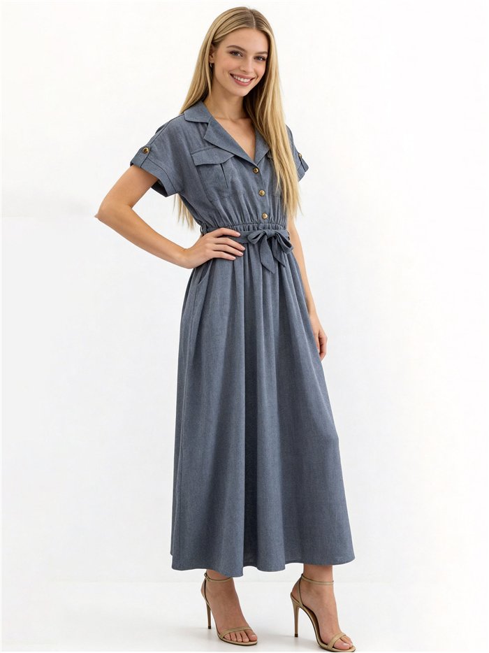Vestido largo camisero con lazada y bolsillos