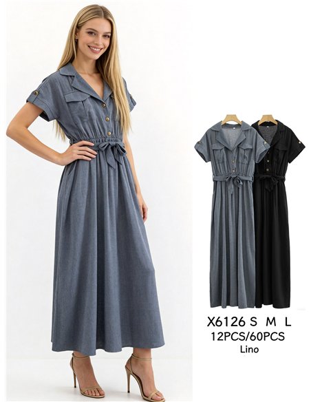 Vestido largo camisero con lazada y bolsillos