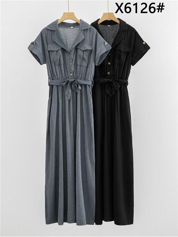 Vestido largo camisero con lazada y bolsillos