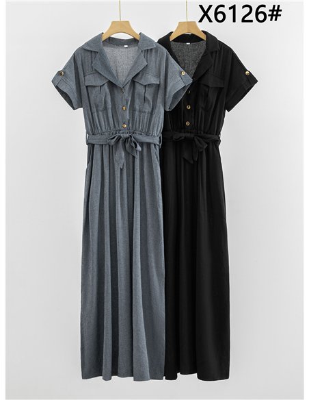 Vestido largo camisero con lazada y bolsillos