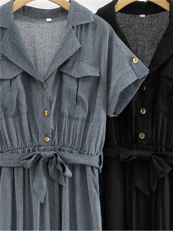 Vestido largo camisero con lazada y bolsillos