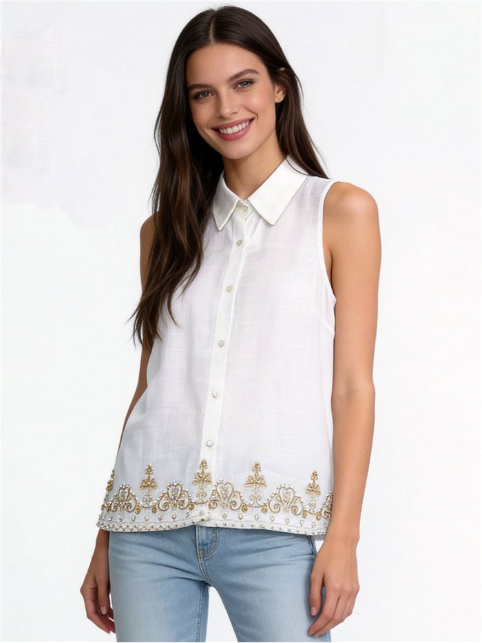 Camisa sin mangas de lino bordado con lentejuelas