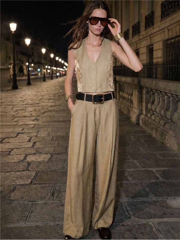 Conjunto chaleco detalle brillante y pantalón palazzo con cinturón