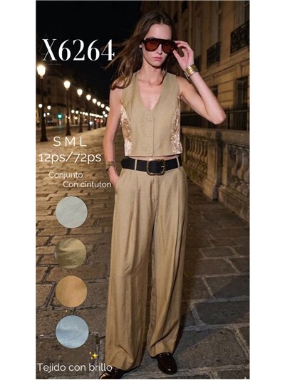 Conjunto chaleco detalle brillante y pantalón palazzo con cinturón 2
