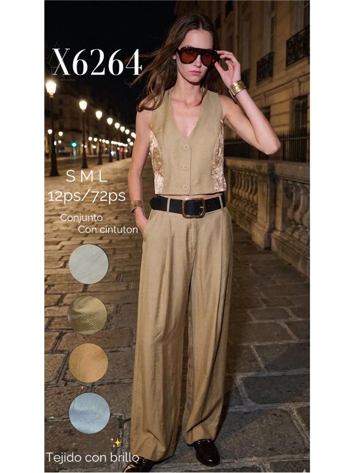 Conjunto chaleco detalle brillante y pantalón palazzo con cinturón