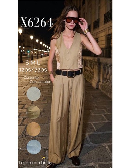 Conjunto chaleco detalle brillante y pantalón palazzo con cinturón