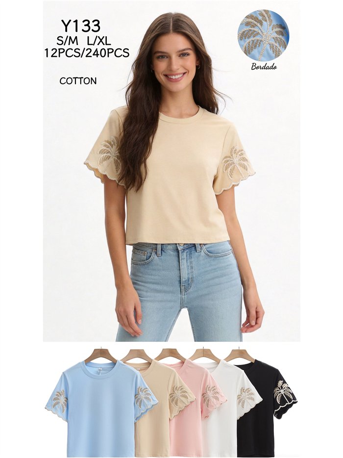 Camiseta mangas bordadas de palmera