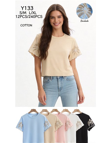Camiseta mangas bordadas de palmera