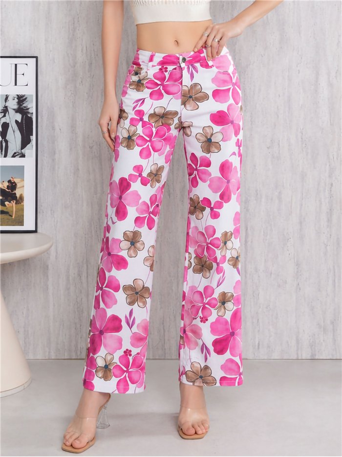 Pantalón recto floral rosa