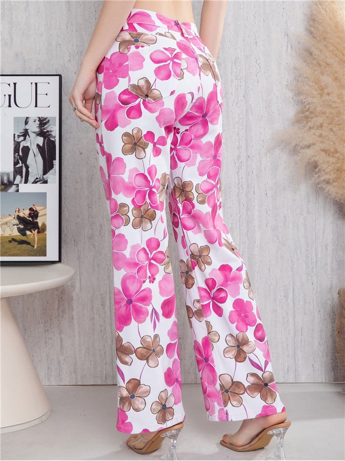 Pantalón recto floral rosa