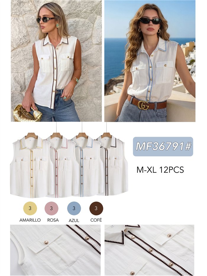 Camisa sin mangas ribete bordado