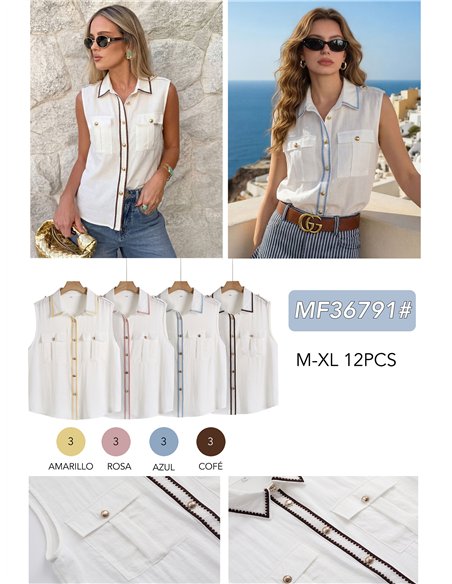 Camisa sin mangas ribete bordado