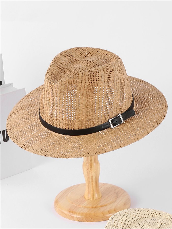 Raffia fedora hat with buckle trim