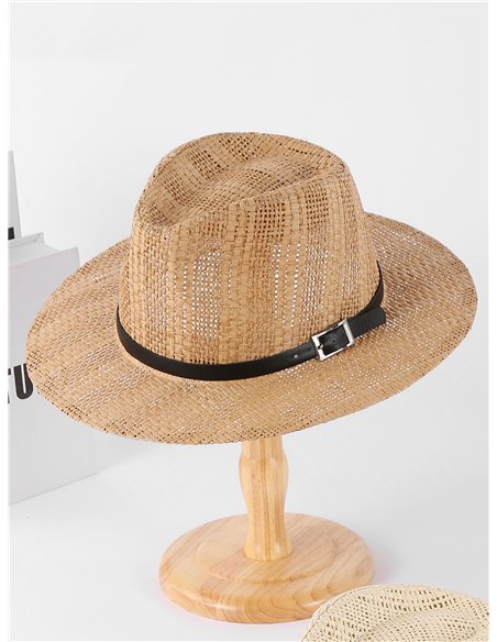 Raffia fedora hat with buckle trim