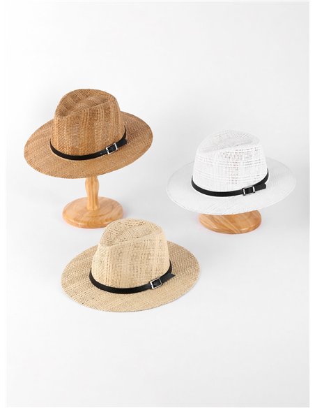 Raffia fedora hat with buckle trim