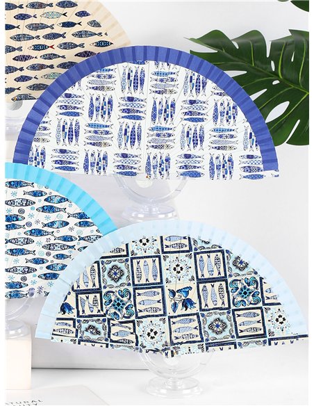 Abanico madera peces azules