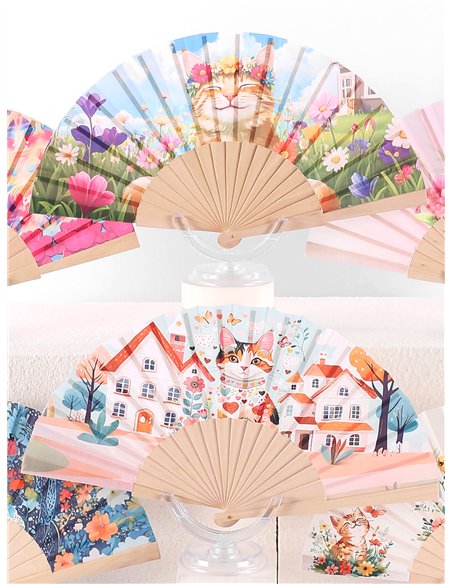 Abanico madera gatos fantasy