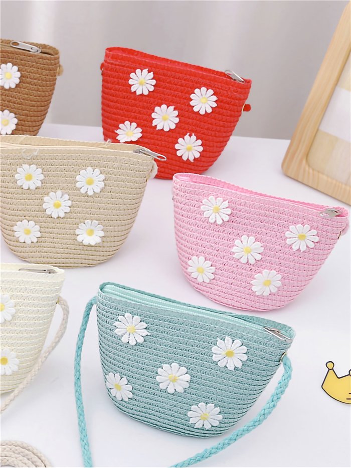 Mini sac bandoulière en raphia pour enfants avec des marguerites